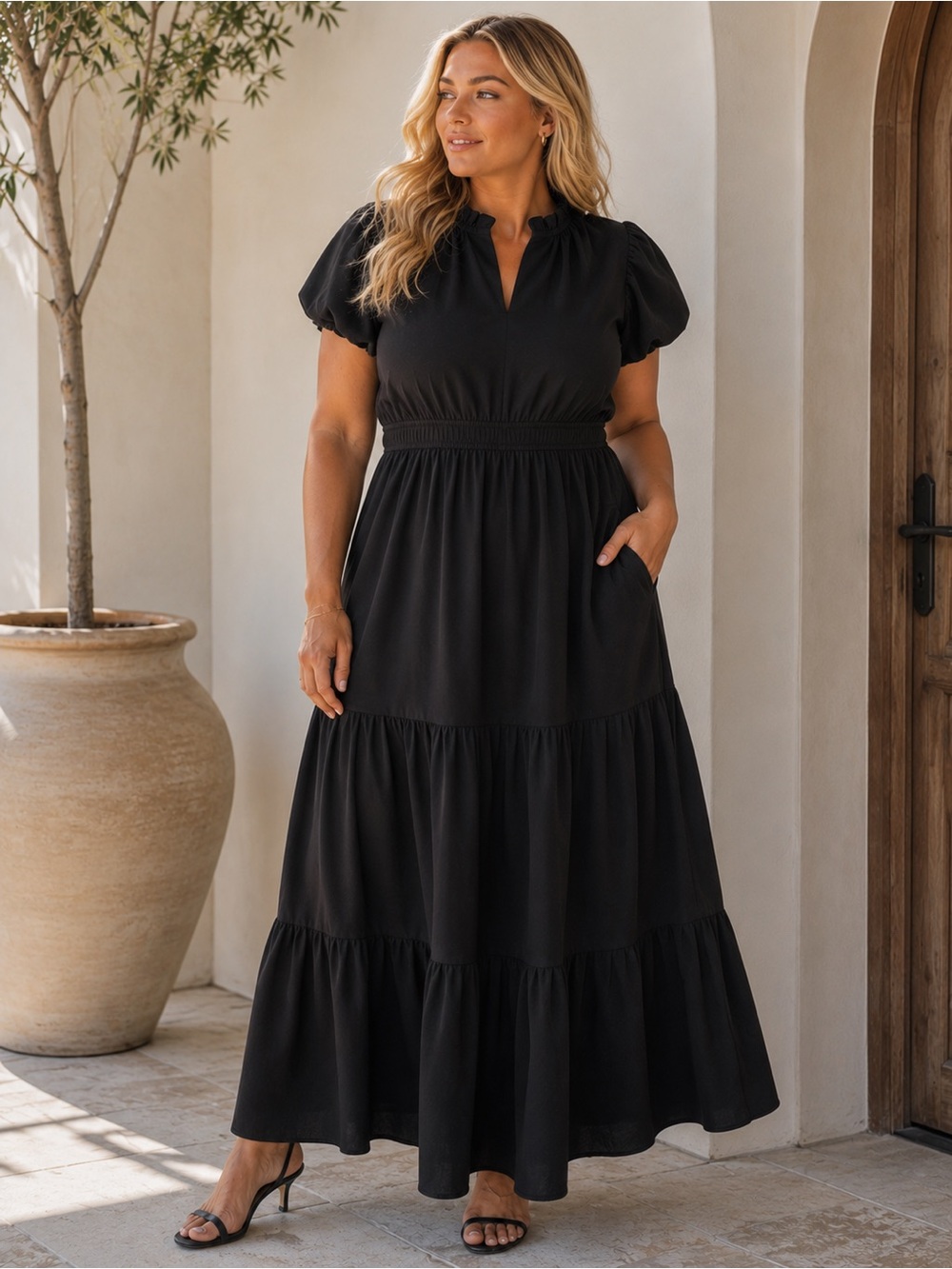 NWT LONDON TIMES Black Bubble Sleeve Tiered A-Line Maxi Dress Size XL